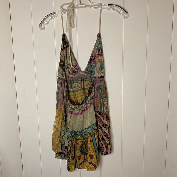 Alice & Trixe Womens Mini Dress Sexy Sleeveless Boho Patchwork Deep Neckline L - Picture 3 of 6